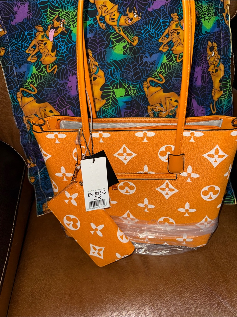 Designer-Inspired Orange Monogram Tote with Matching Wristlet